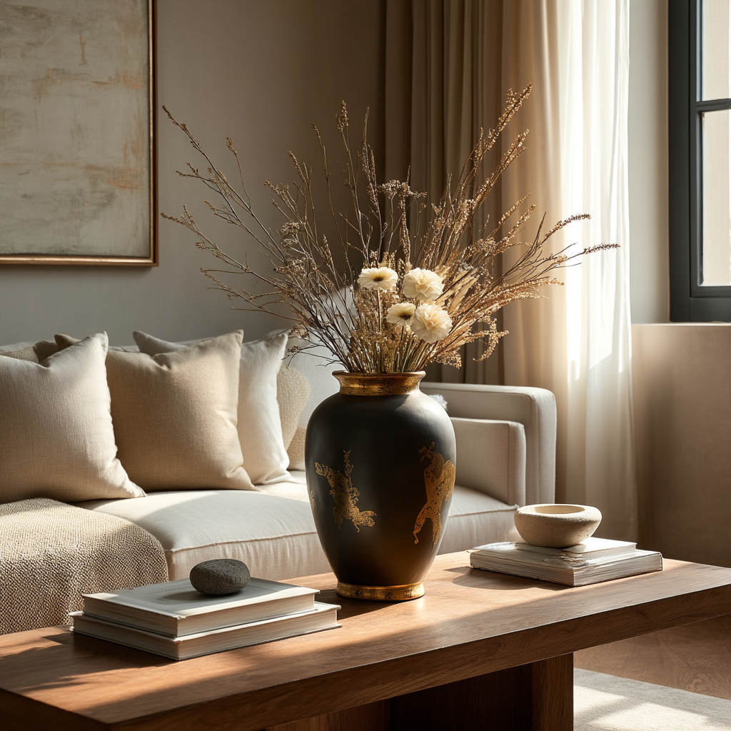 Ceramic Gold and Black Horse Urn