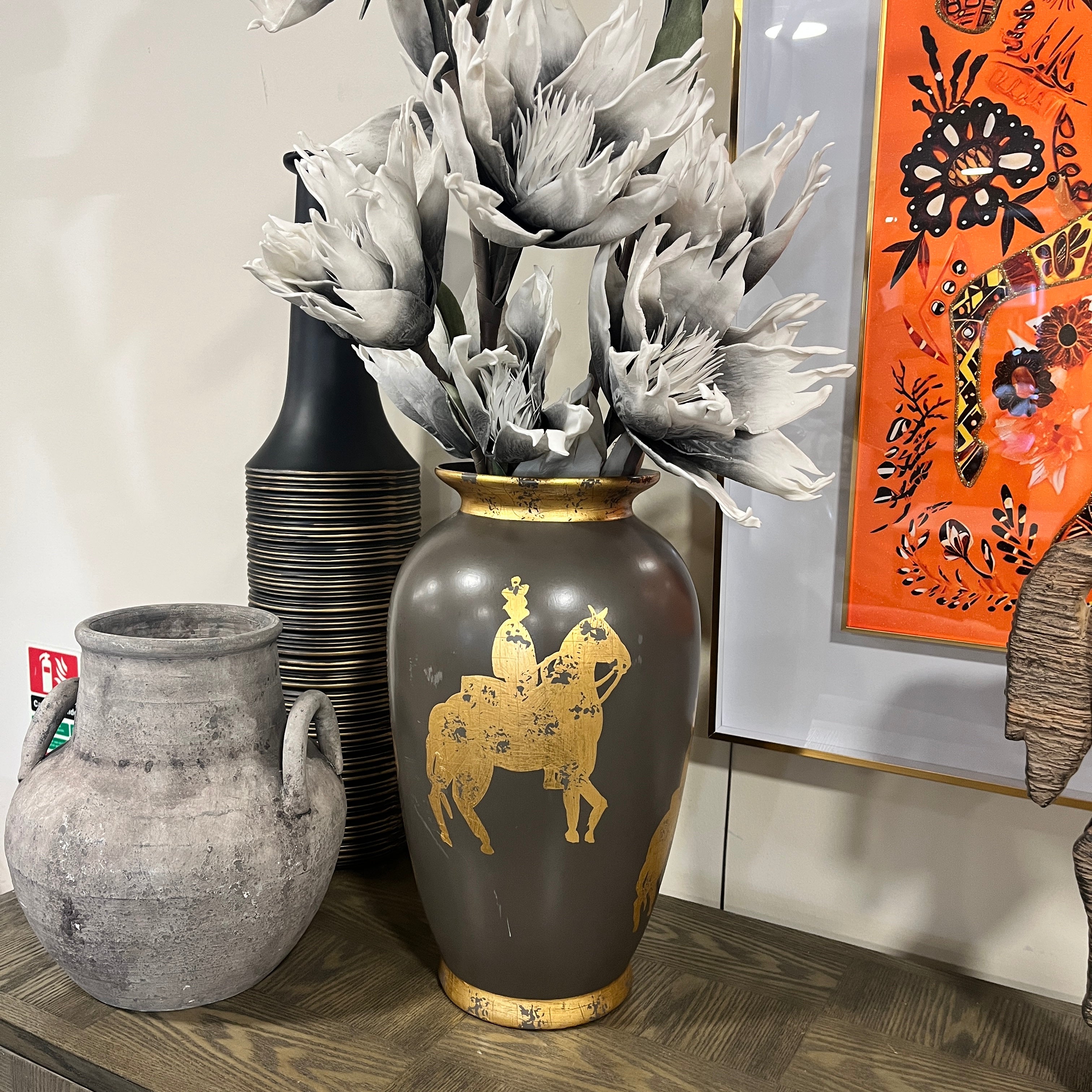 Ceramic Gold and Black Horse Urn