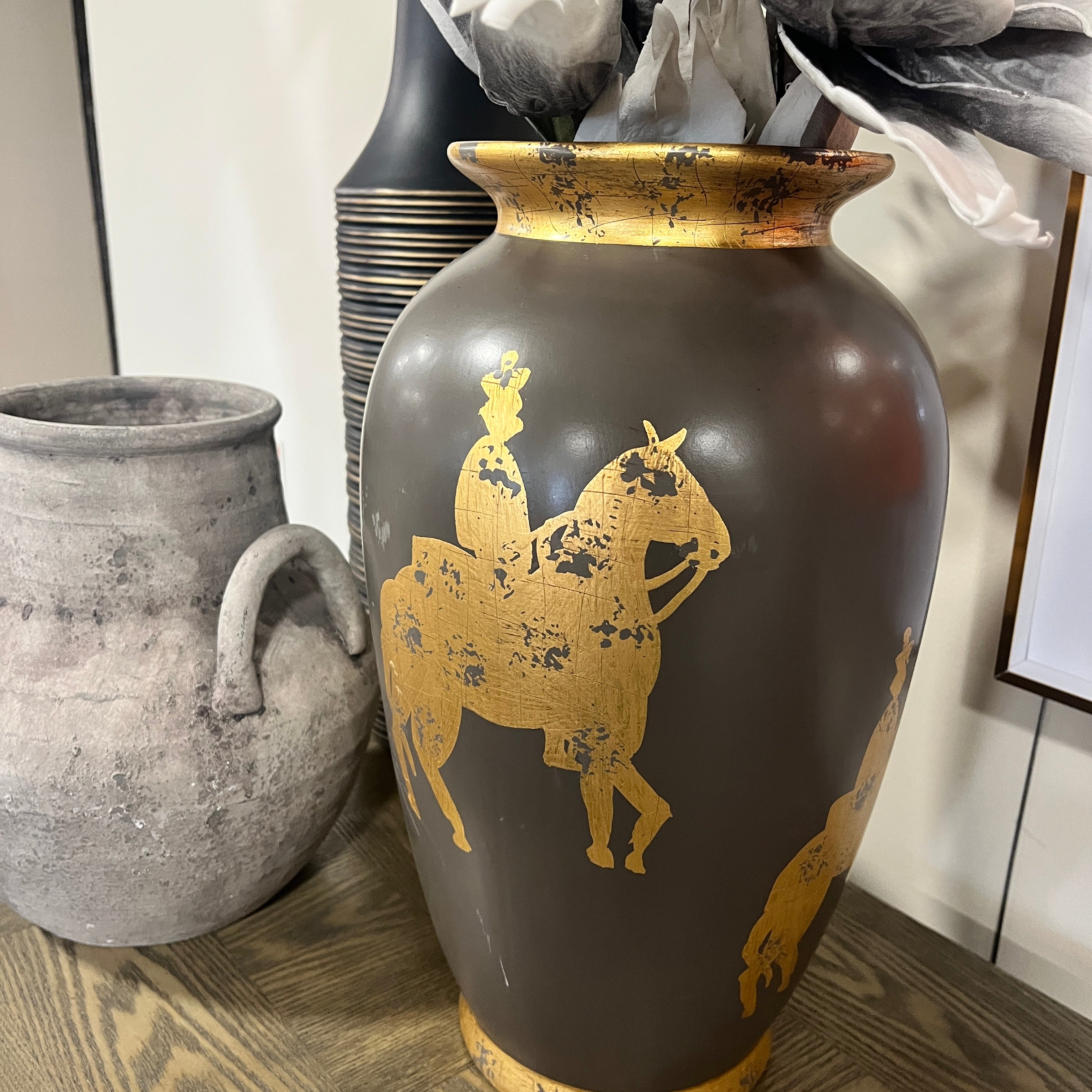 Ceramic Gold and Black Horse Urn