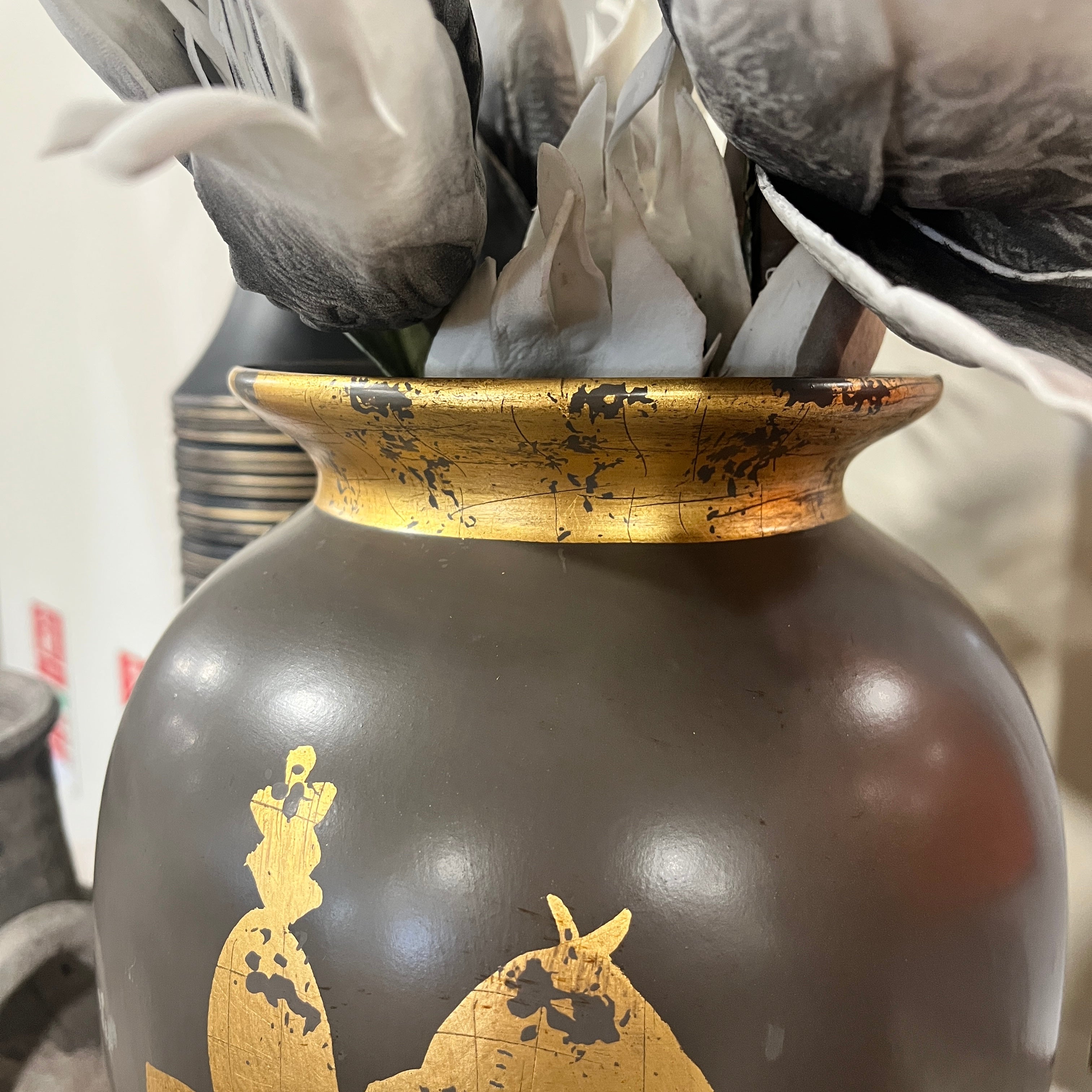 Ceramic Gold and Black Horse Urn