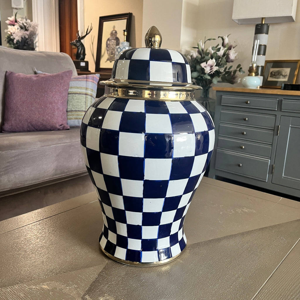 Checkered Lidded Jar - Blue and White