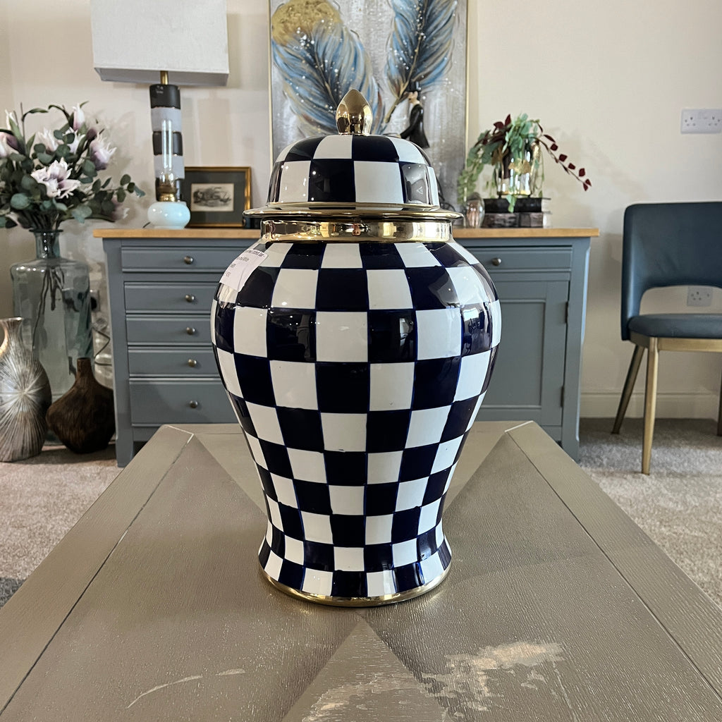 Checkered Lidded Jar - Blue and White