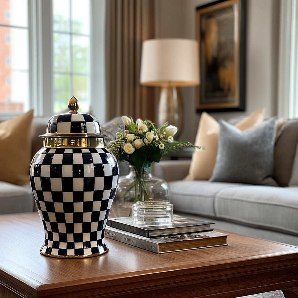 Checkered Lidded Jar - Blue and White