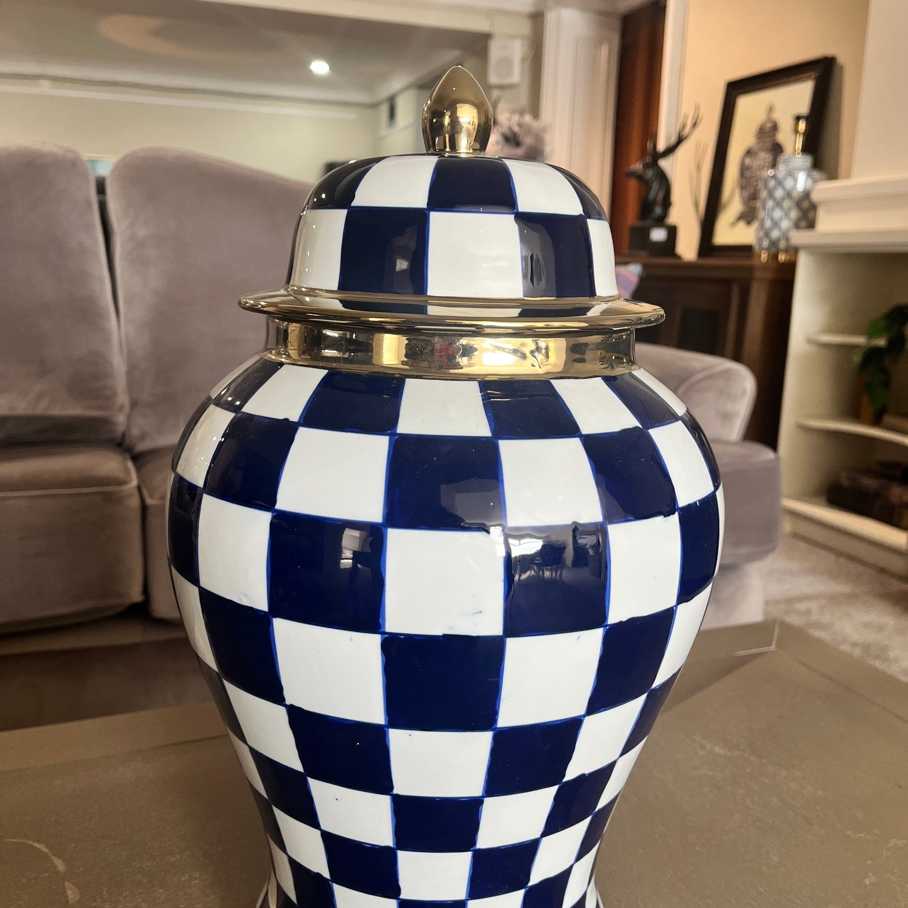 Checkered Lidded Jar - Blue and White