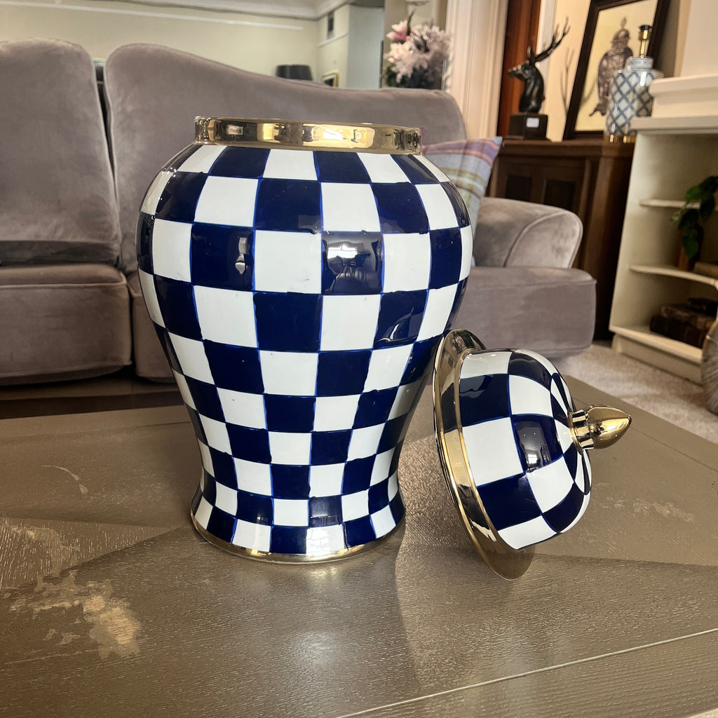 Checkered Lidded Jar - Blue and White