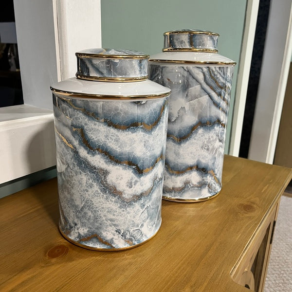 Pair of Lidded Jars - Blue and Gold