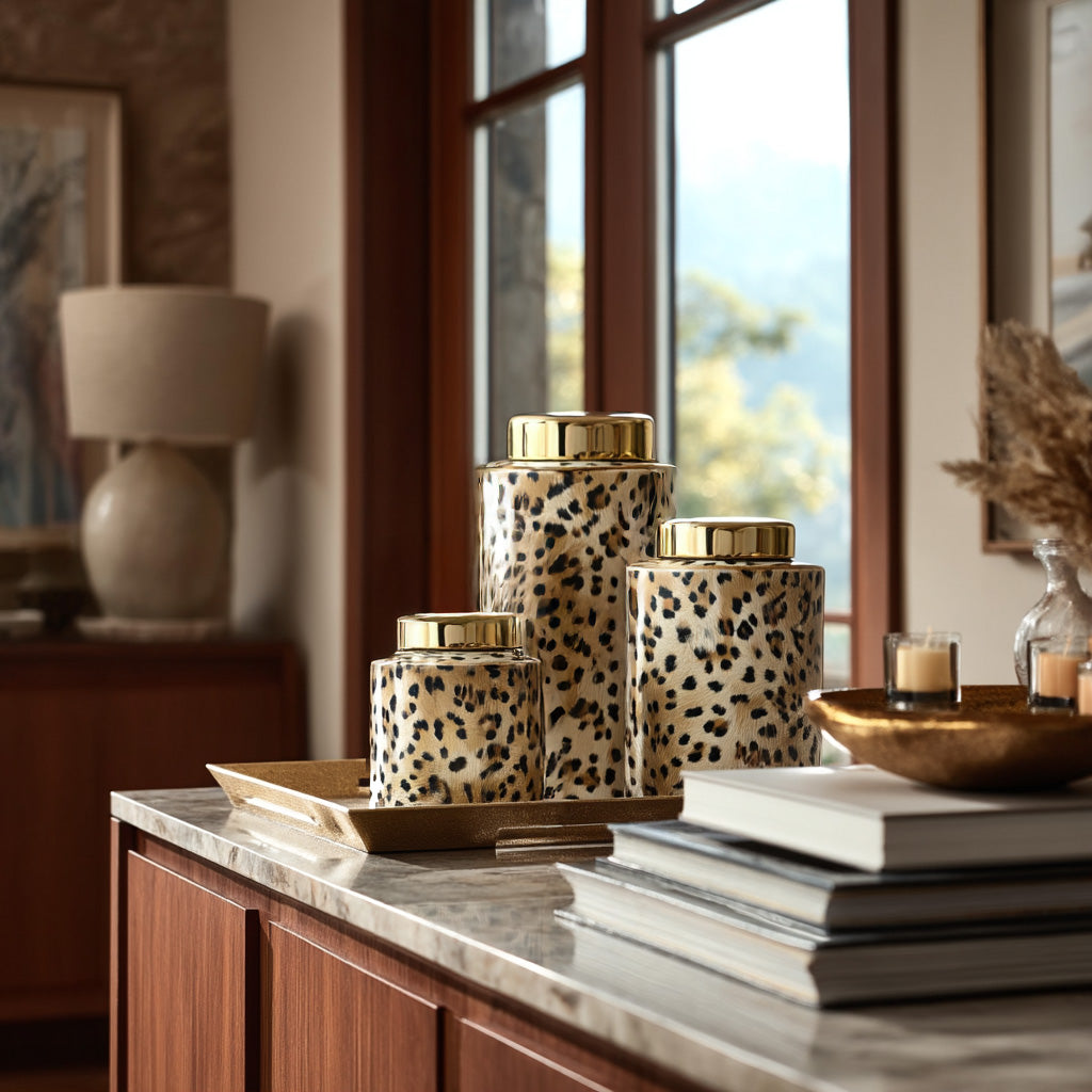 3 Piece Leopard Print Lidded Jars