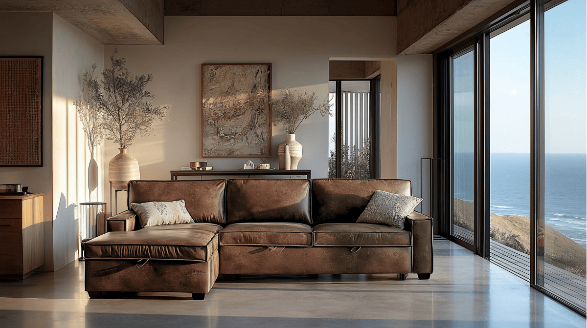 Brown leather sectional sofa in a modern living room with large windows.