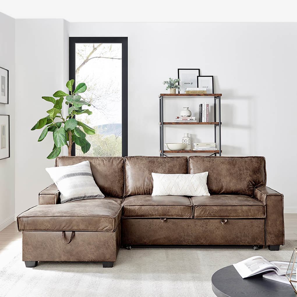 Havar Corner Sofa Bed: Brown Leather Aire (Left)