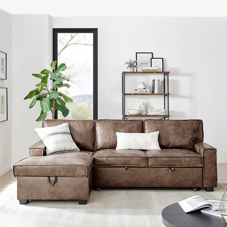 Havar Corner Sofa Bed: Brown Leather Aire (Left)