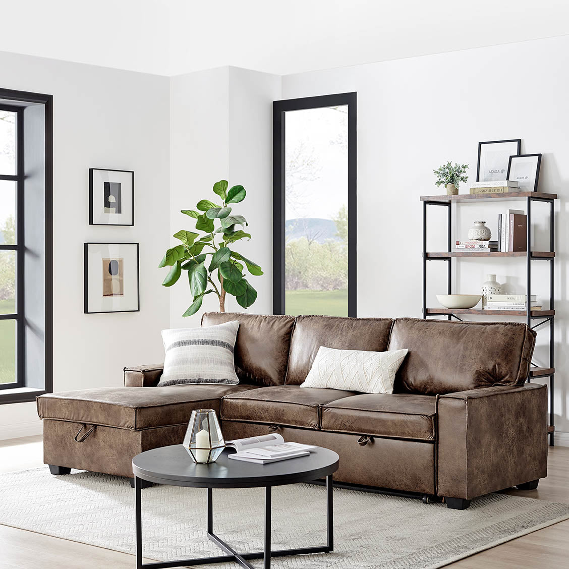 Havar Corner Sofa Bed: Brown Leather Aire (Left)