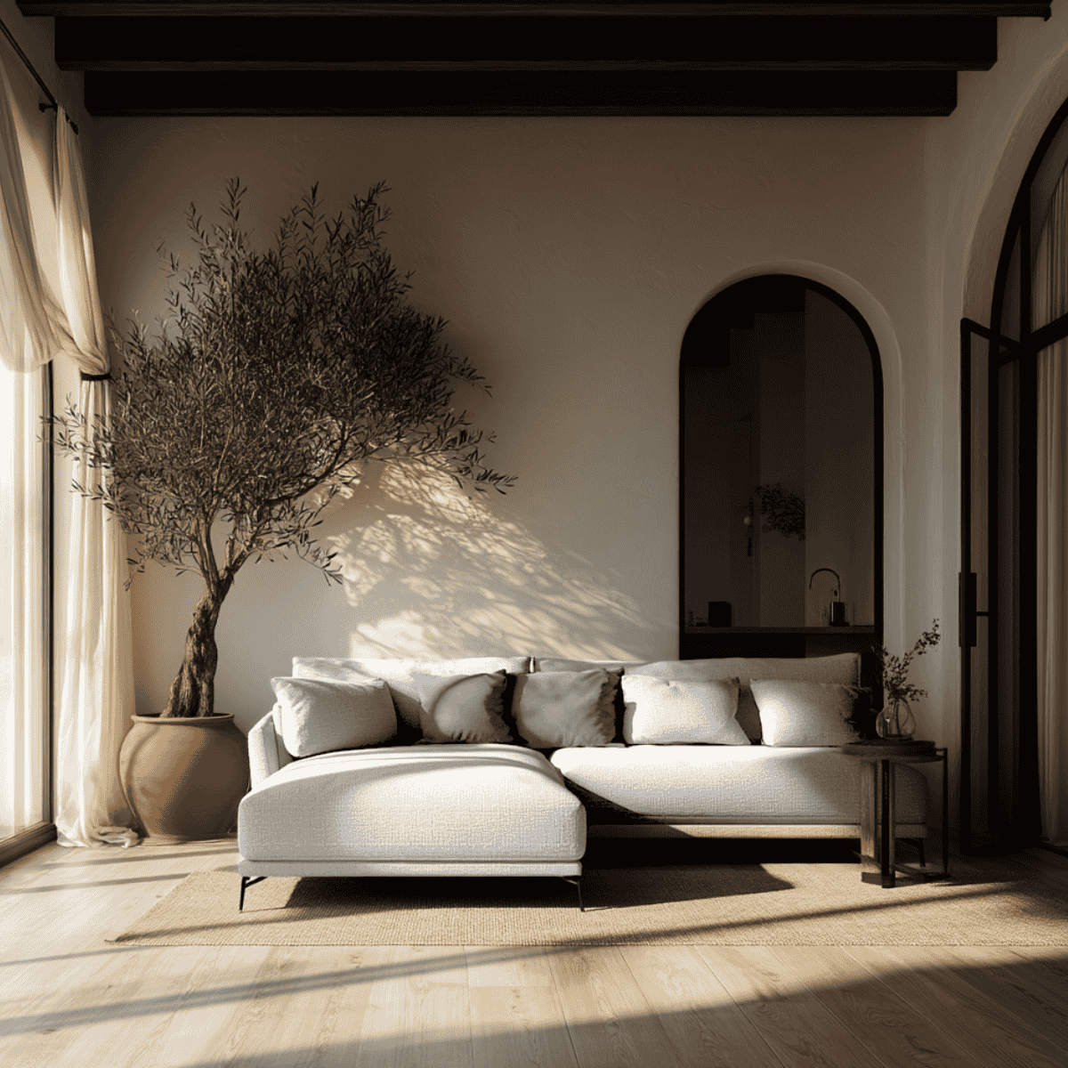 Modern living room with a white sectional sofa, potted plant, and arched doorway.