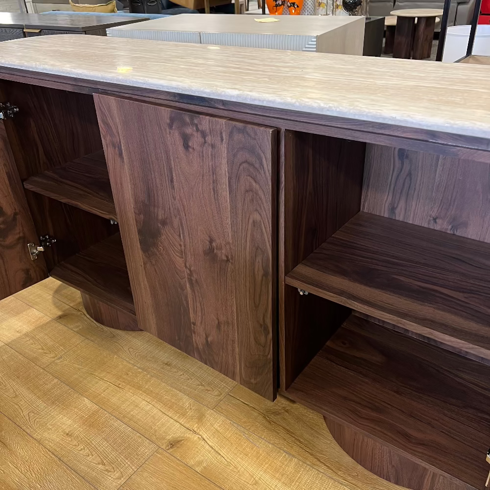 Wooden kitchen island with open shelves and a countertop.