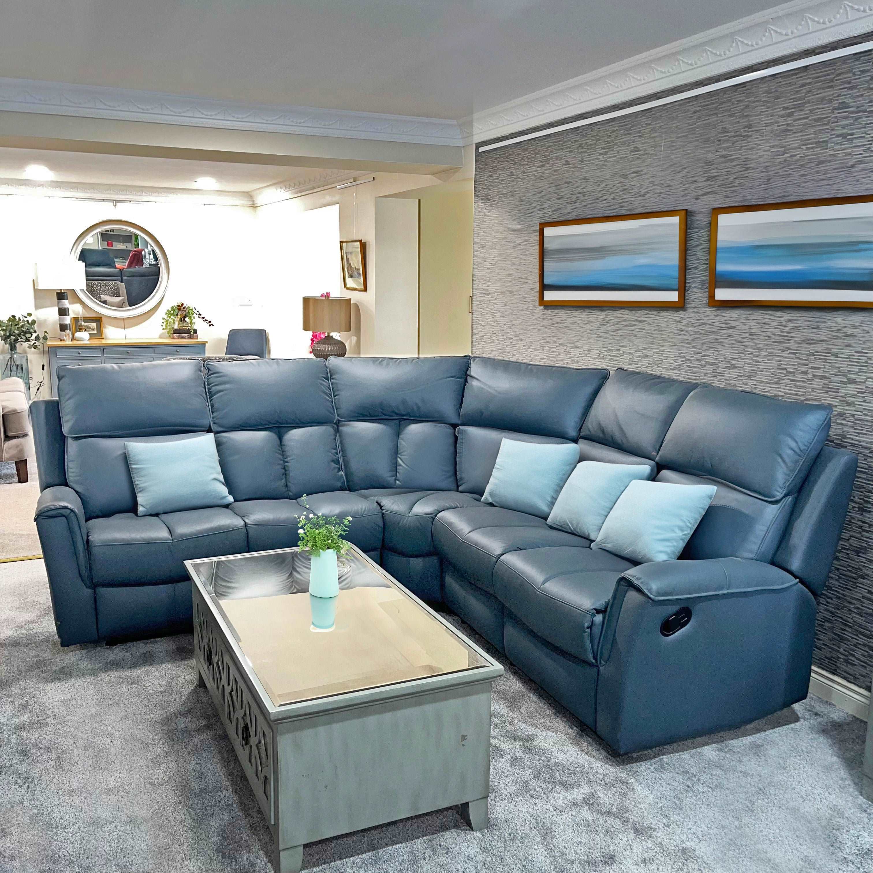 Bergamo Leather Blue Grey Recliner Corner Sofa