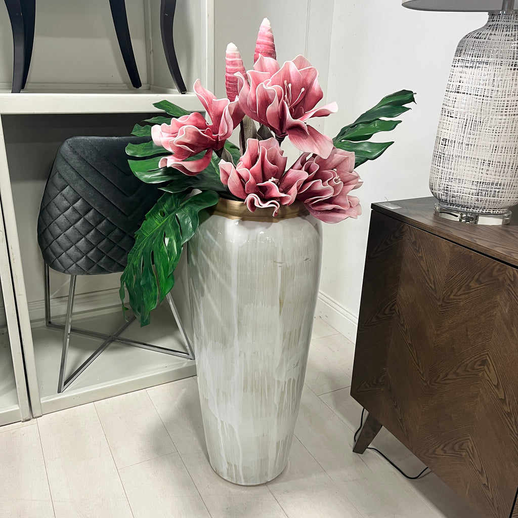 Tall Ceramic Pot Cream Drip Glaze 90cm