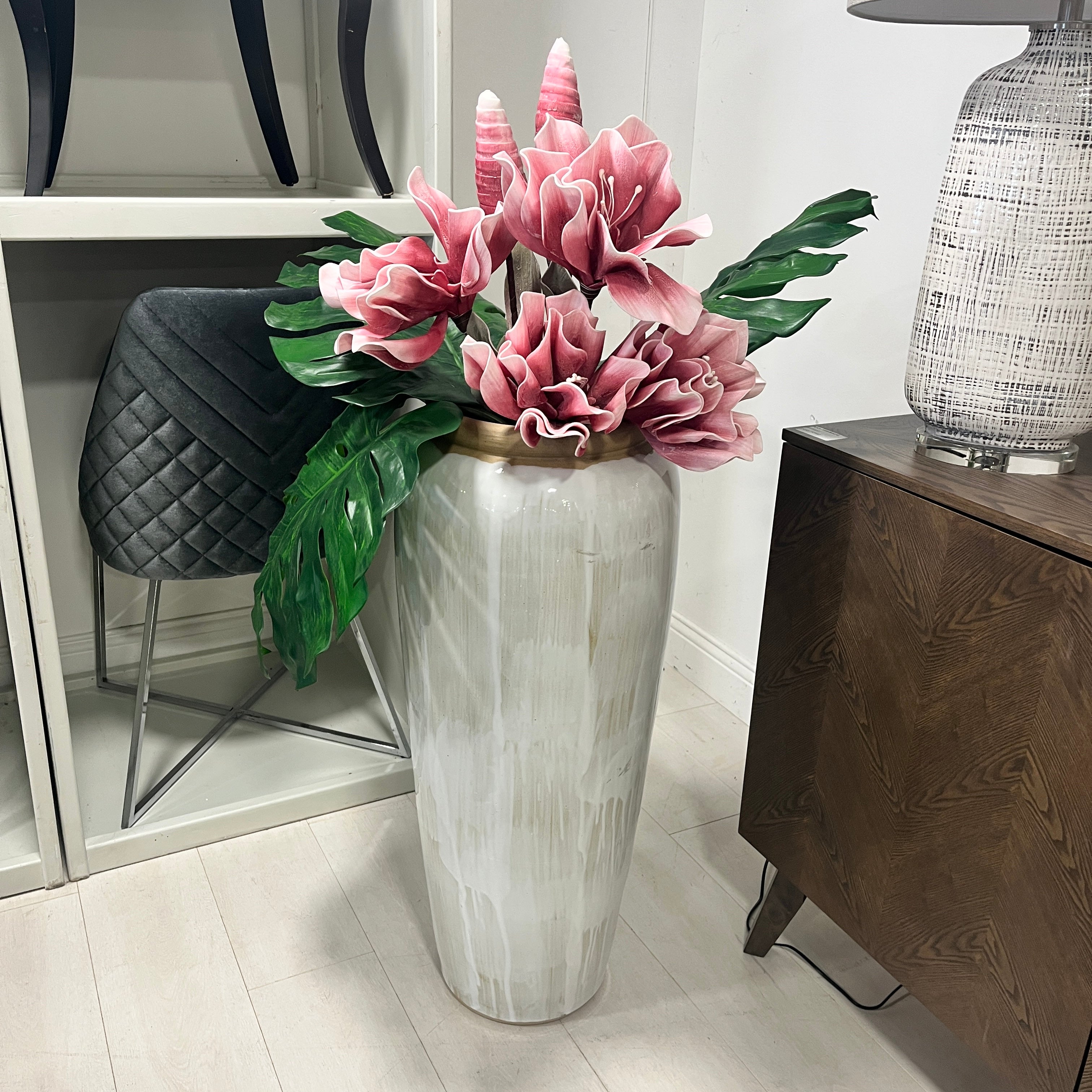 Tall Ceramic Pot Cream Drip Glaze 90cm