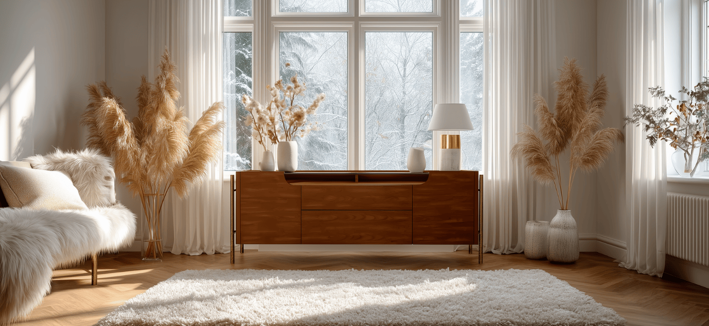 Modern living room with wooden console table, pampas grass decor, and large windows.