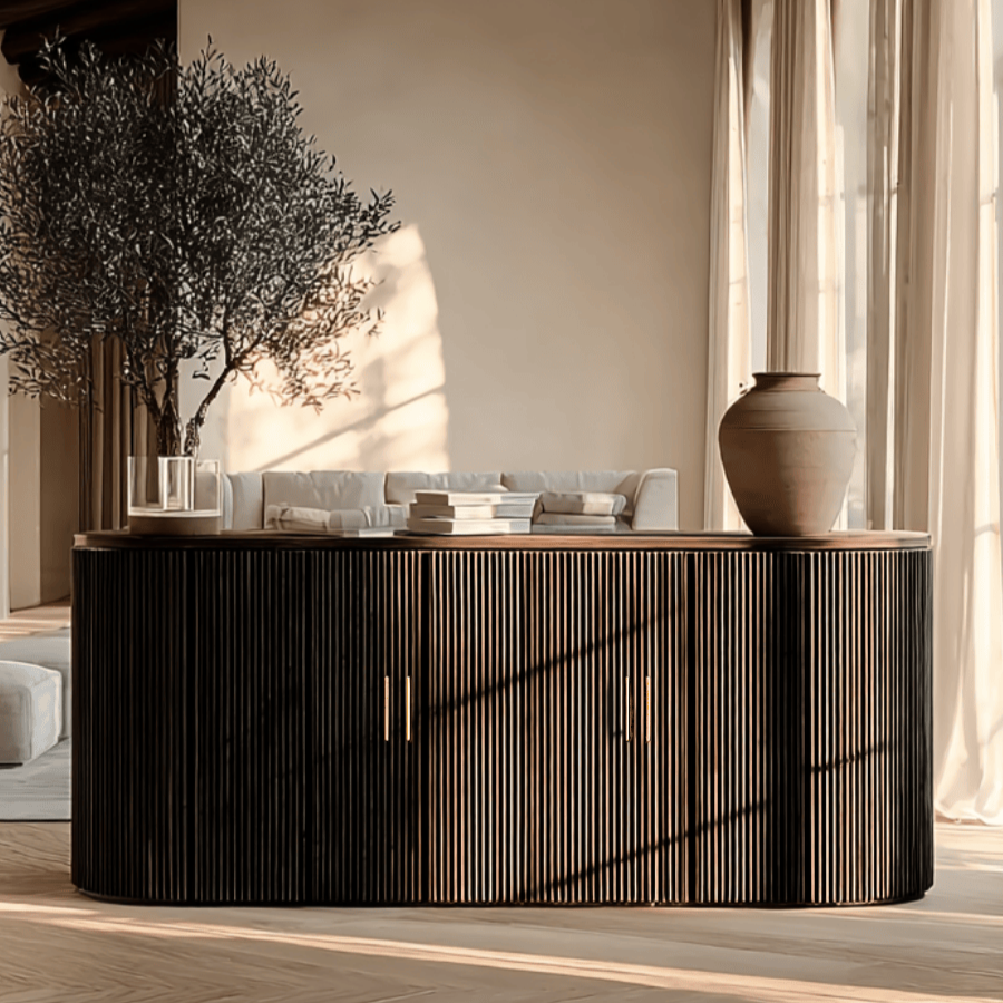 Modern interior with a dark wood sideboard, vase, and plant.