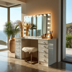 Bathroom vanity with lit mirror and sea view