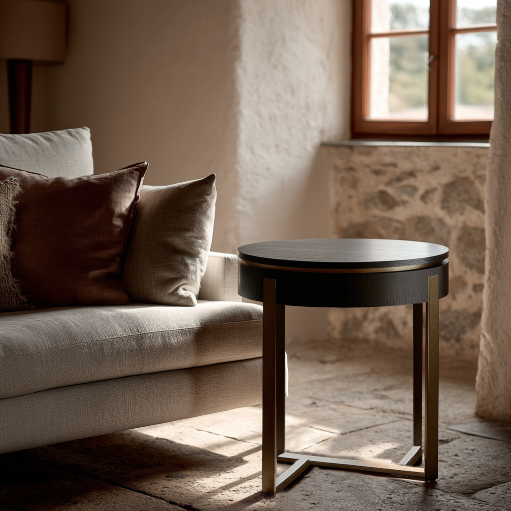 Round wooden table in a room with a stone wall and a sofa with pillows.