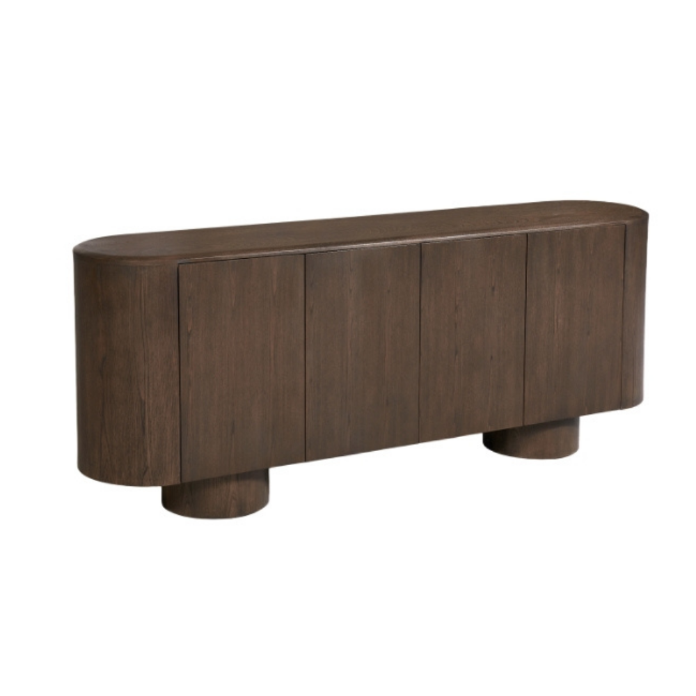 Wooden sideboard with curved design on a white background