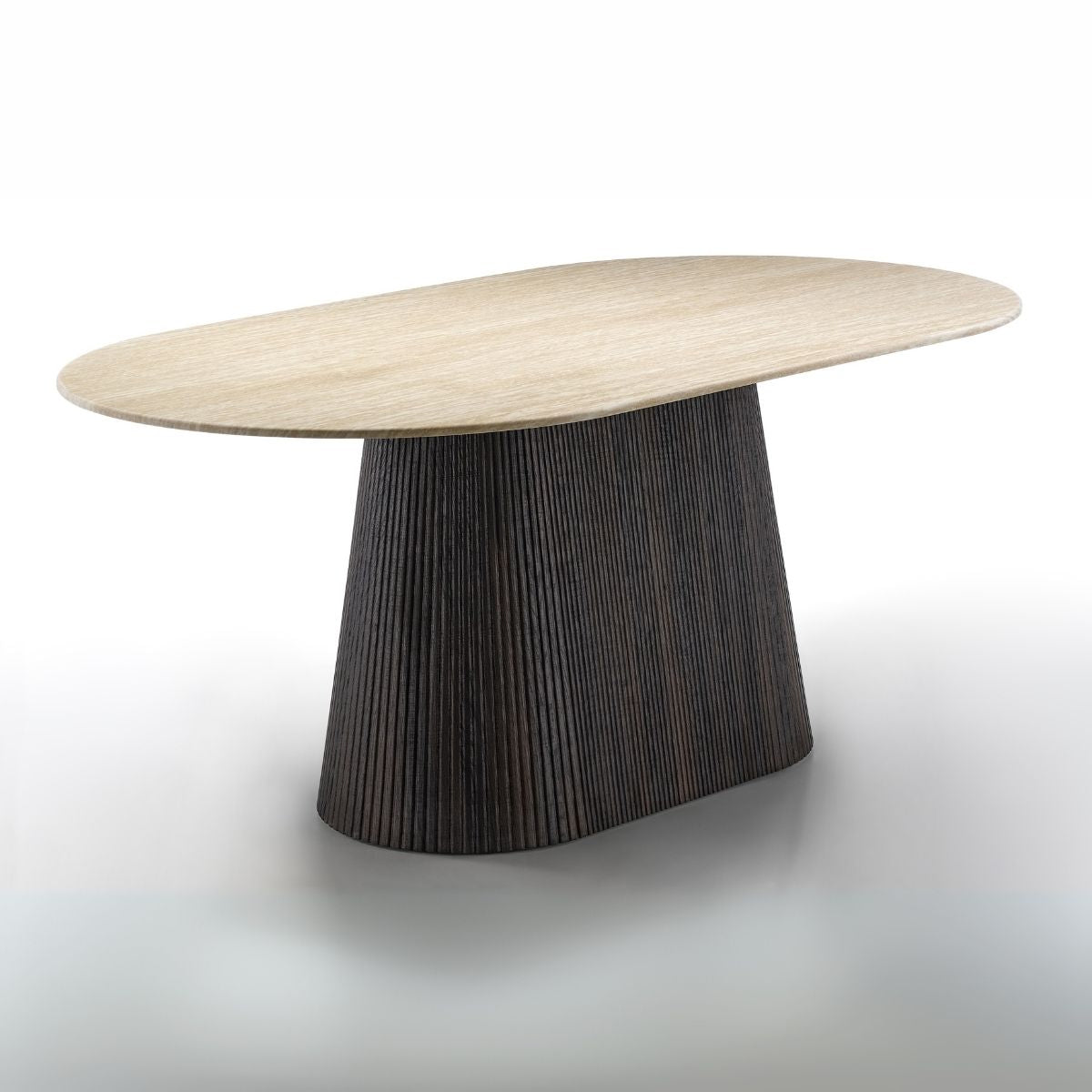 Modern table with a wooden top and textured dark base on a white background