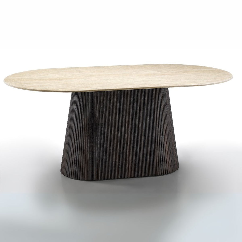 Round wooden table with a dark base on a white background