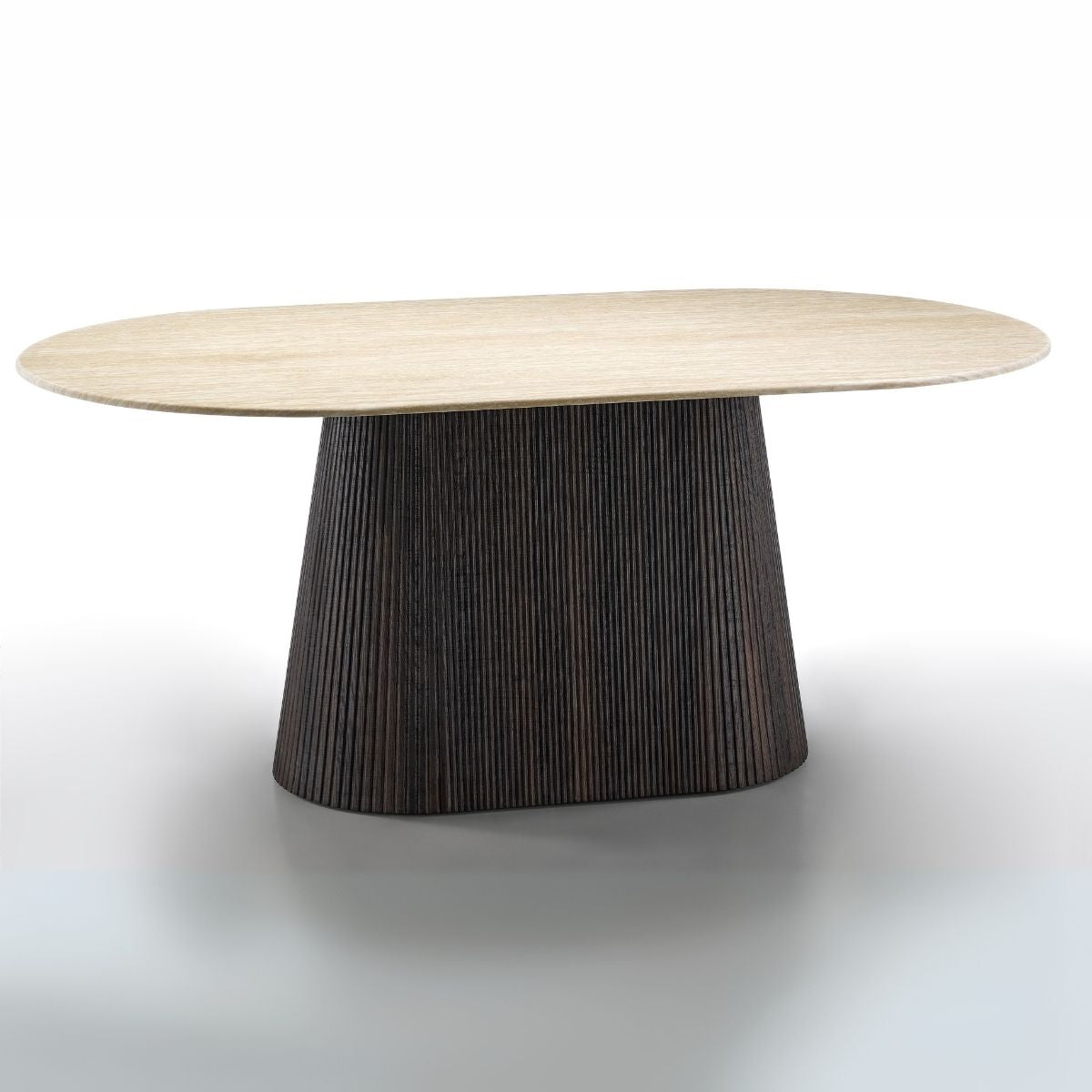 Round wooden table with a dark base on a white background