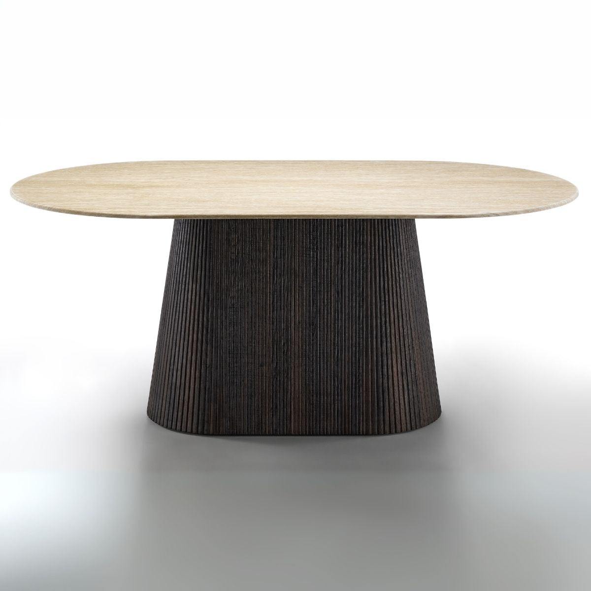 Round table with a light wooden top and dark ribbed base on a white background