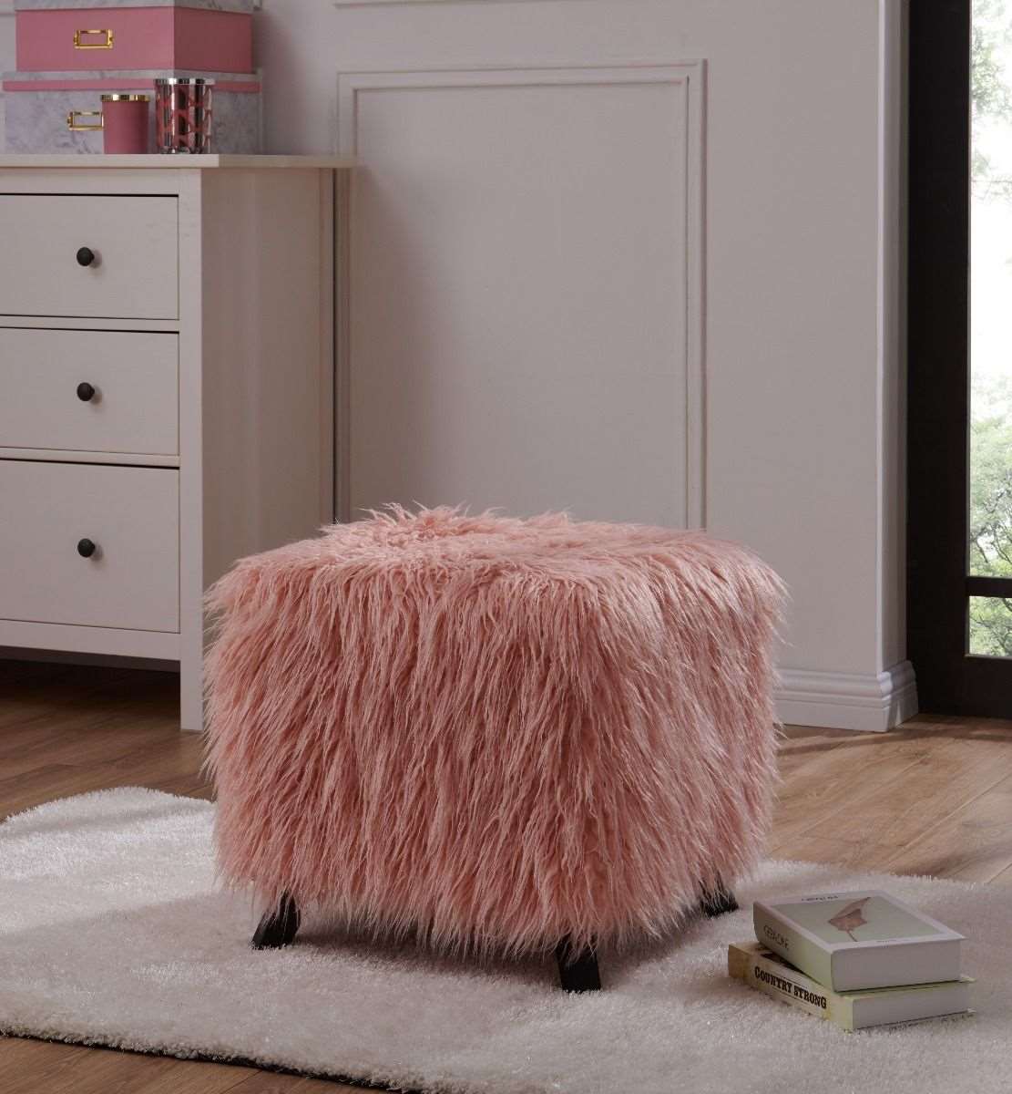 Faux Sheepskin Cube Stool - Pink