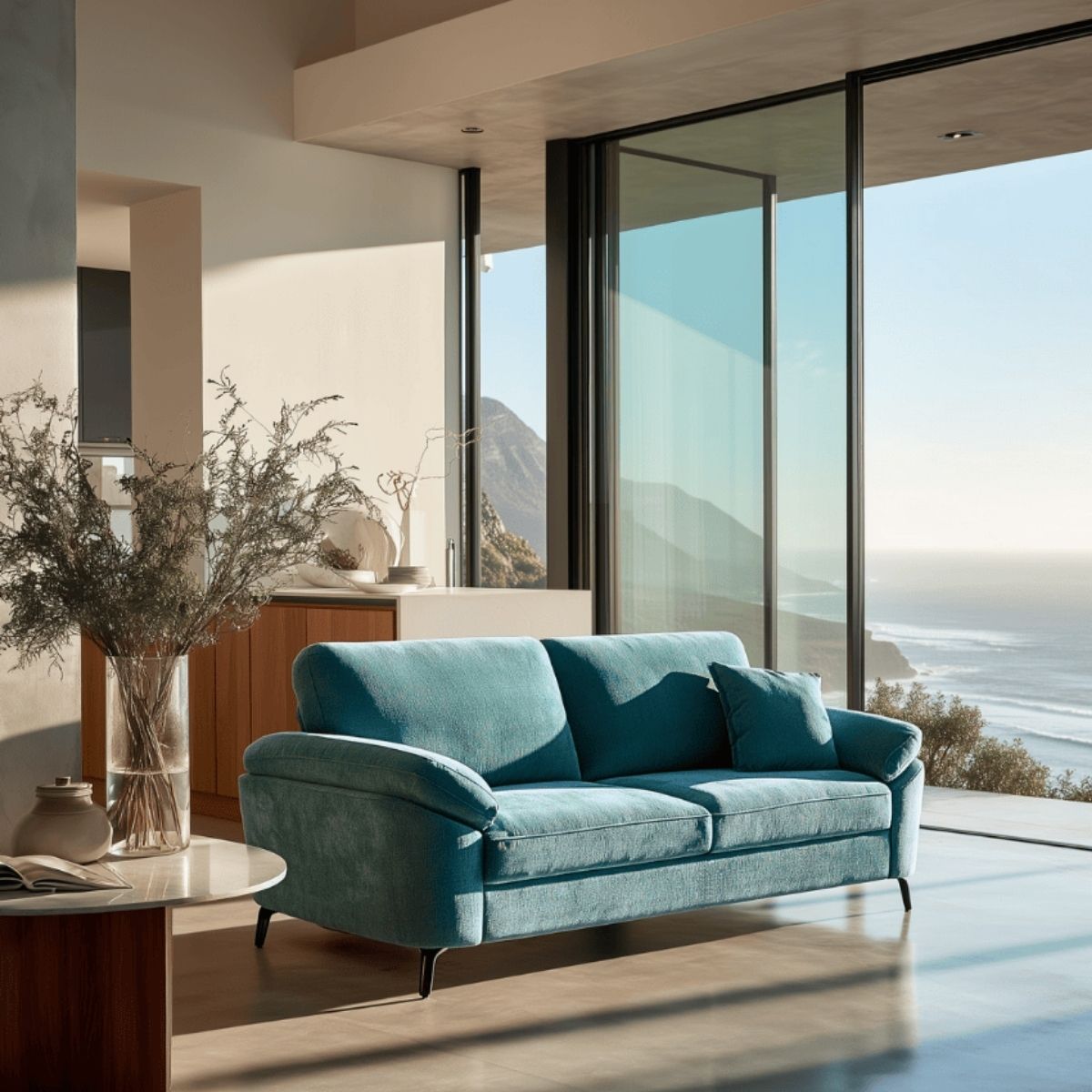 Modern living room with a blue sofa and large windows overlooking a scenic view.