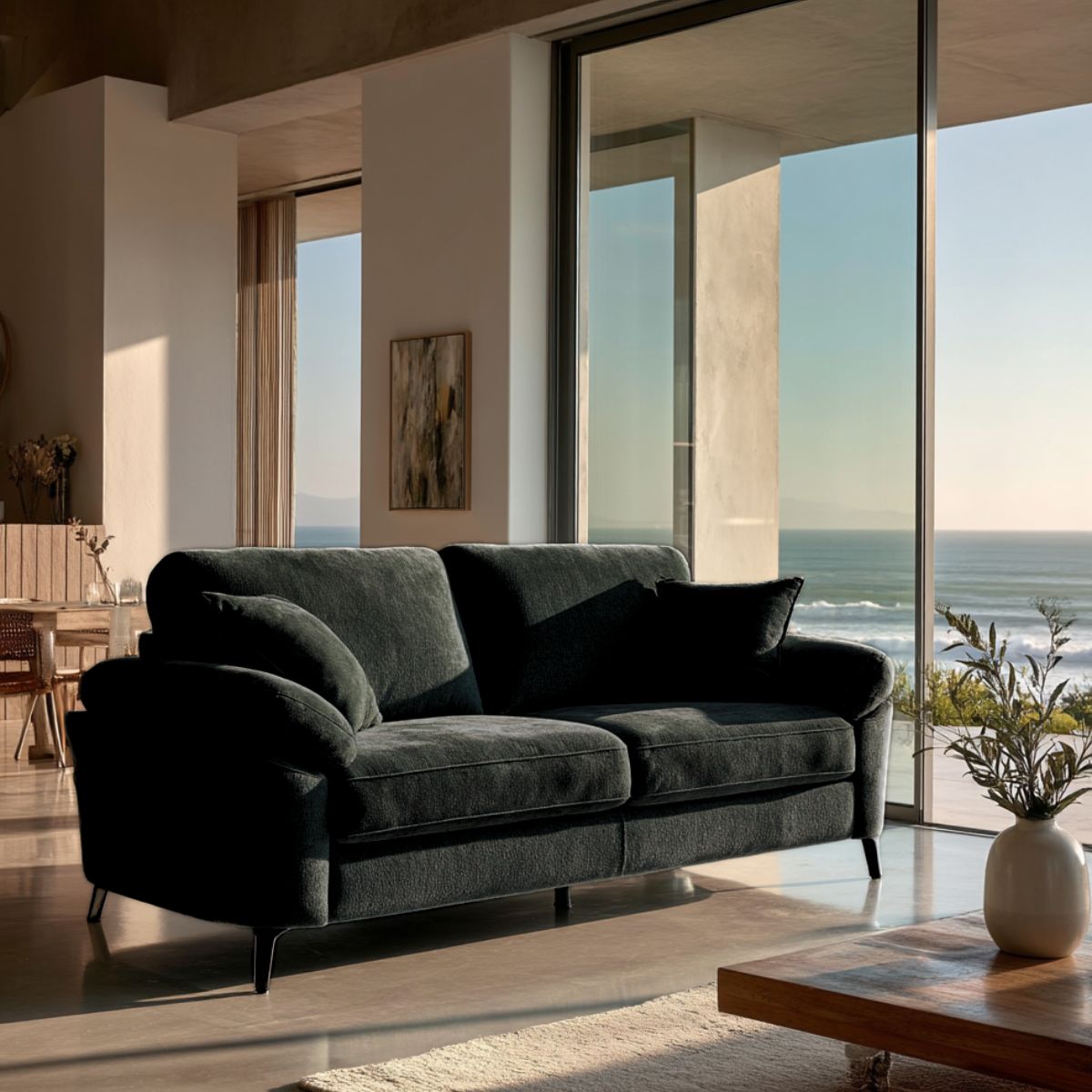 Modern living room with a black sofa and large windows overlooking the ocean.