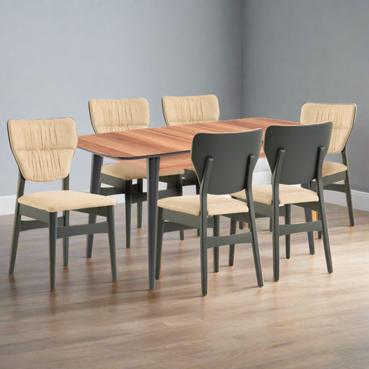 Fara Extending Dining Table (Walnut) + 6 Dinamic Chairs (Beige)