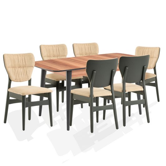 Fara Extending Dining Table (Walnut) + 6 Dinamic Chairs (Beige)