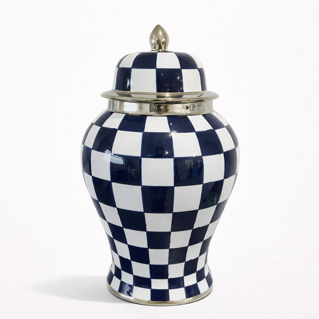 Checkered Lidded Jar - Blue and White