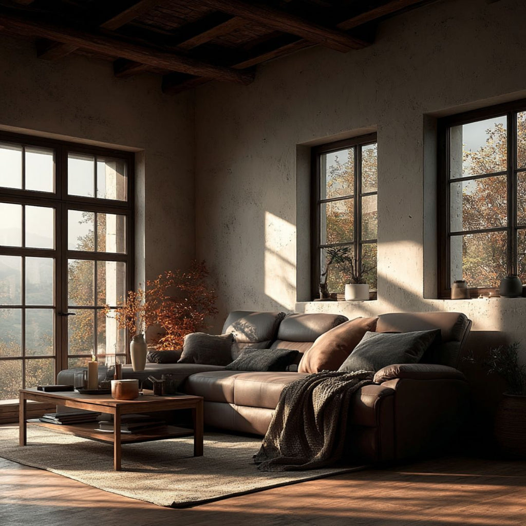 Cozy living room with a brown leather sofa, wooden coffee table, and large windows.