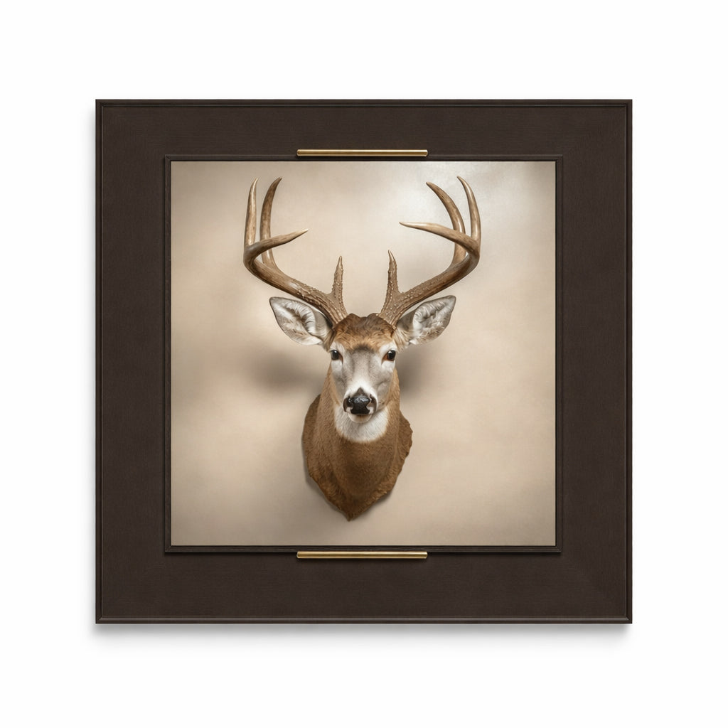 Framed picture of a deer head on a beige background