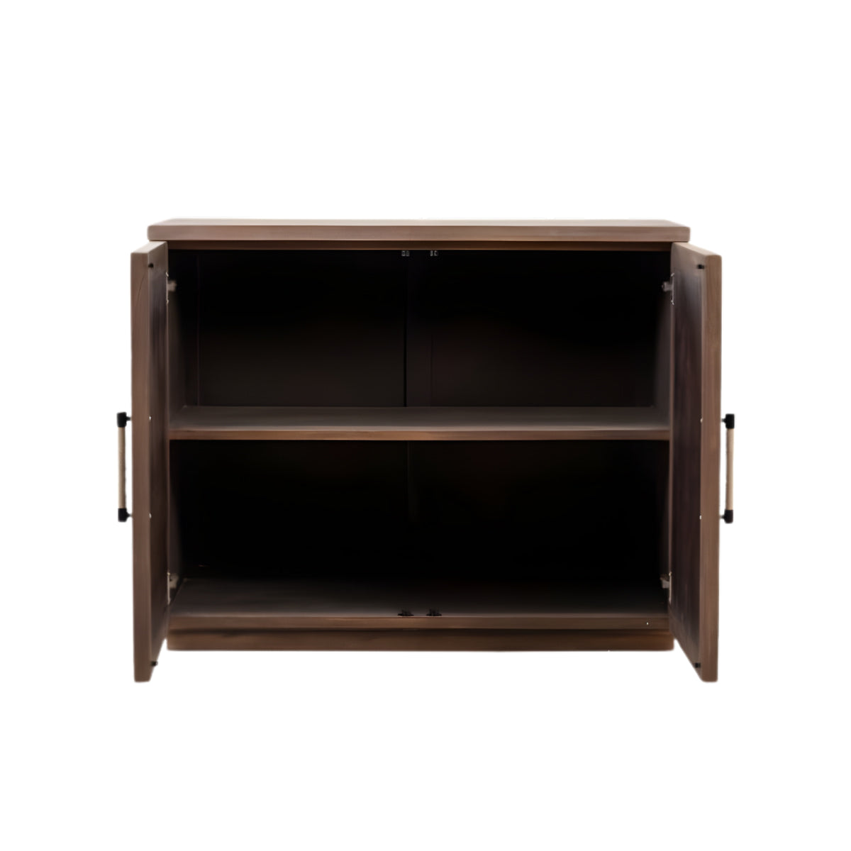 Wooden cabinet with open doors on a white background