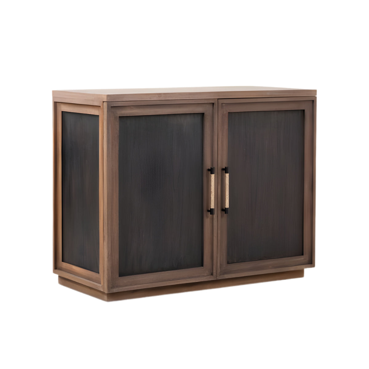Wooden cabinet with dark glass doors on a white background
