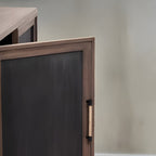 Wooden cabinet with a dark door and visible handle on a neutral background