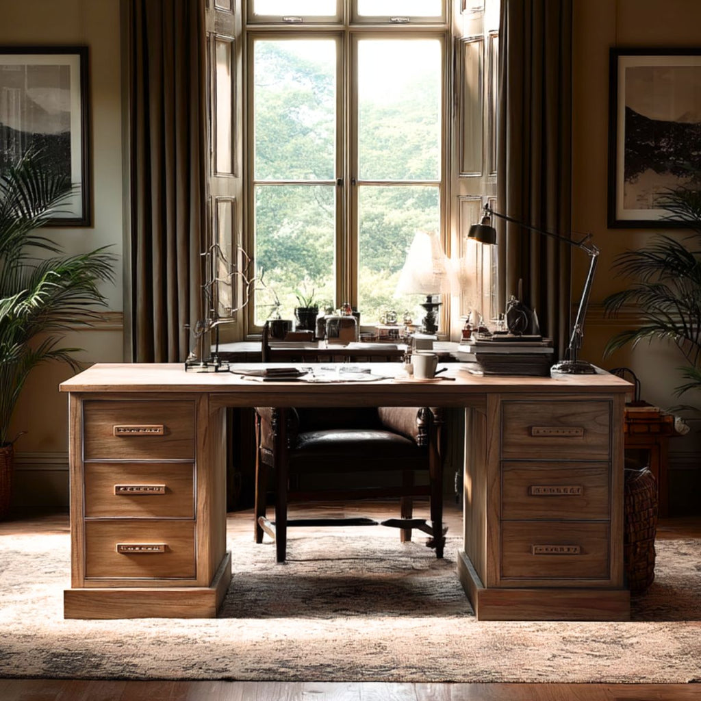 Wooden desk in a room with large windows and decorative elements