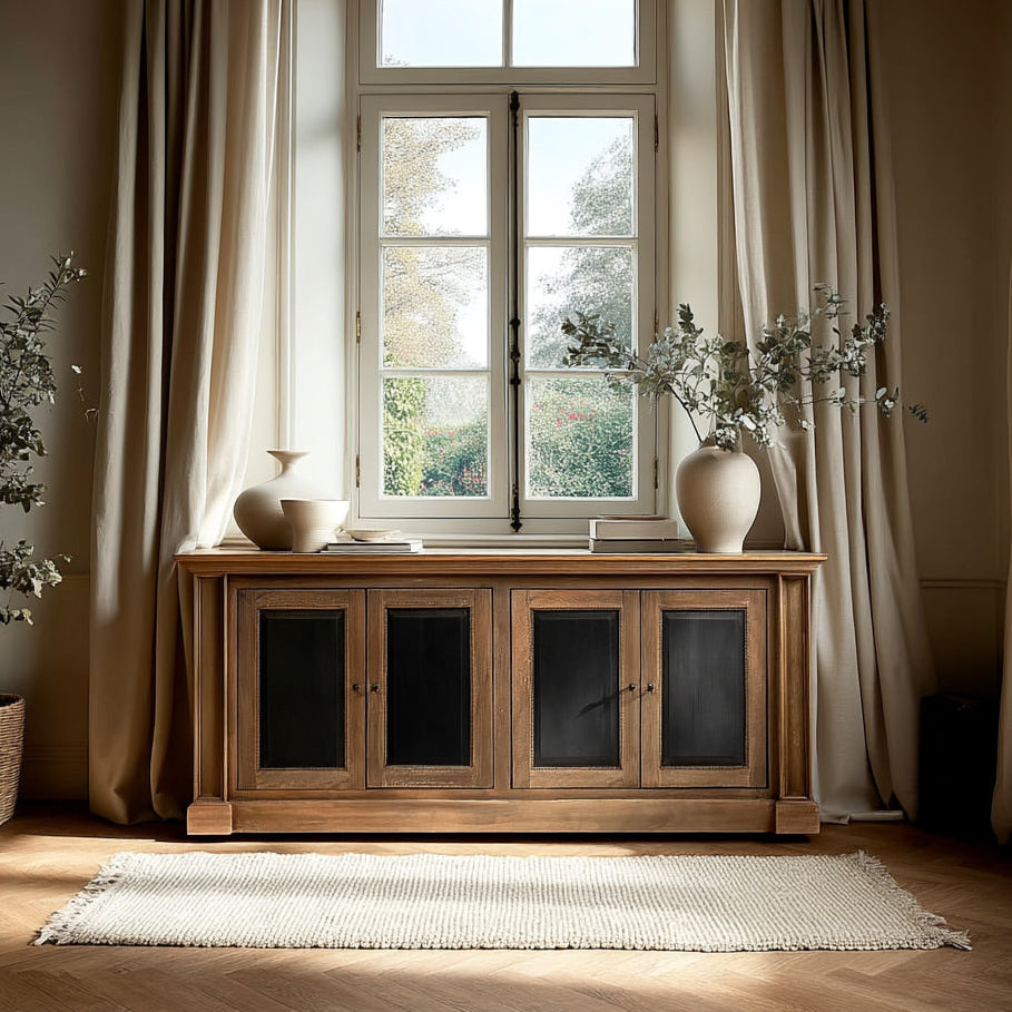 Wooden cabinet under a large window with curtains in a room.