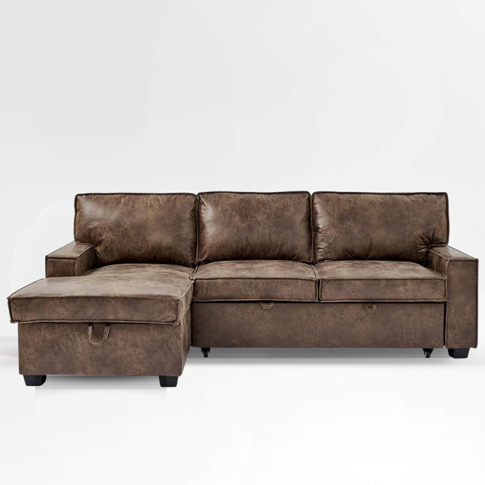 Havar Corner Sofa Bed: Brown Leather Aire (Left)