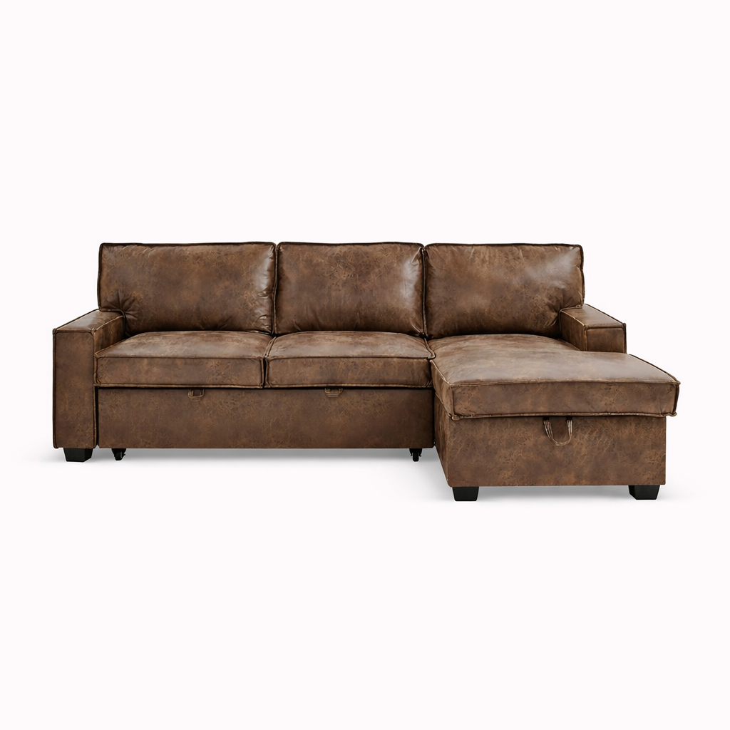Havar Corner Sofa Bed: Brown Leather Aire (Right)