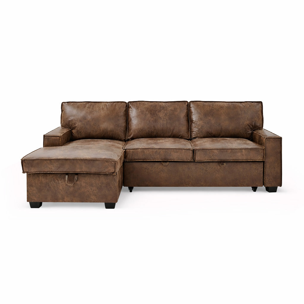 Havar Corner Sofa Bed: Brown Leather Aire (Left)