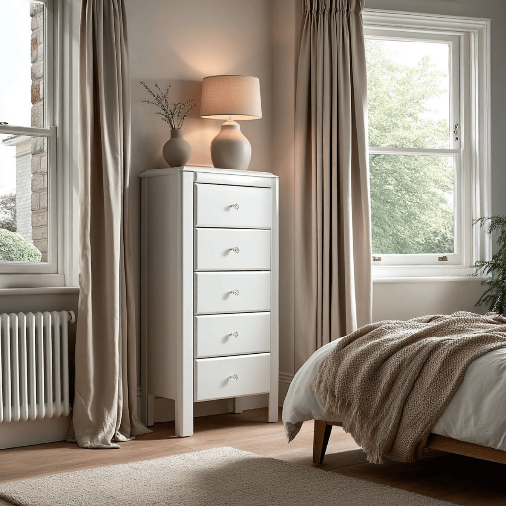 Hollywood White 5 Drawer Tallboy