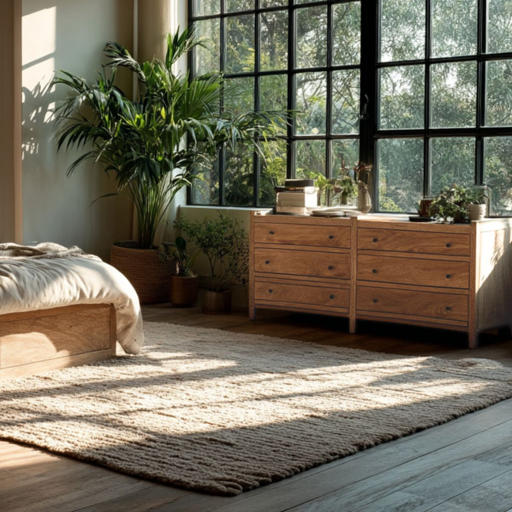 Nestled bedroom with wooden furniture, plants, and large windows.