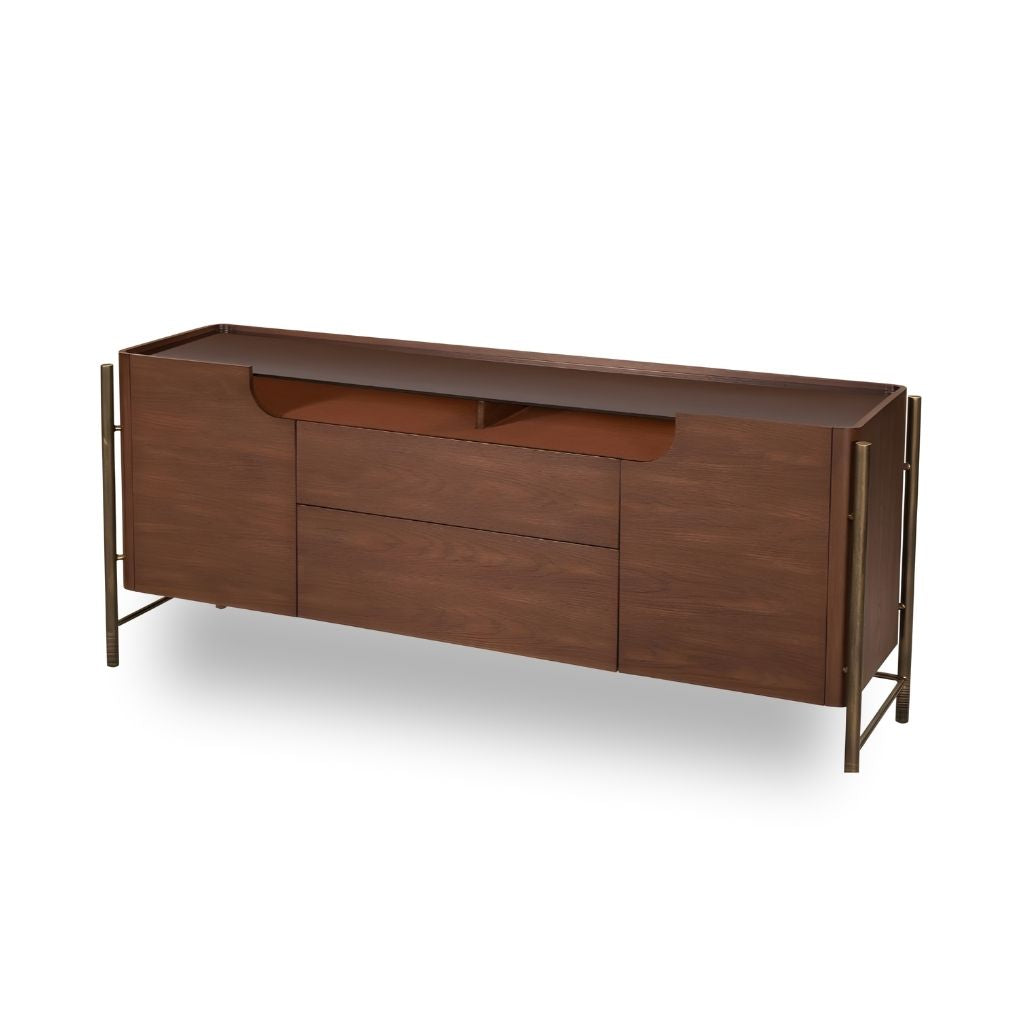 Wooden sideboard with metal legs on a white background