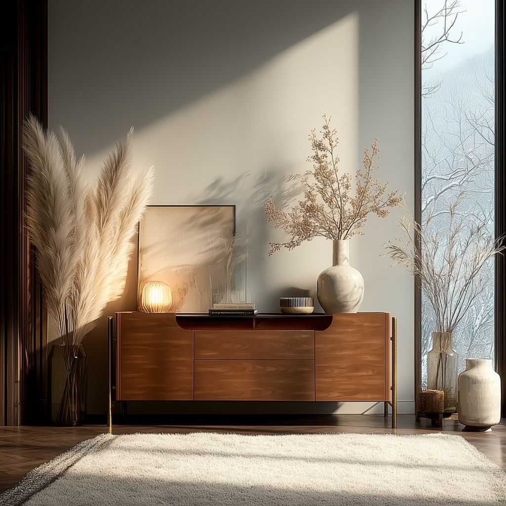 Wooden sideboard with decorative items in a room with large windows.