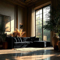 Modern living room with a large black sofa, large windows, and decorative plants.
